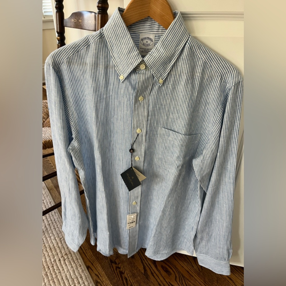 NWT Brooks Bros size M 100% Irish Linen blue / white striped shirt